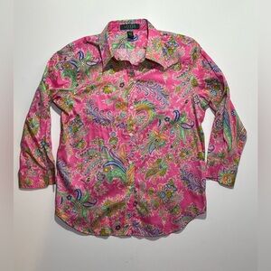 Lauren Ralph Lauren Paisley Button Shirt, 3/4 Sleeve, Petite Medium,